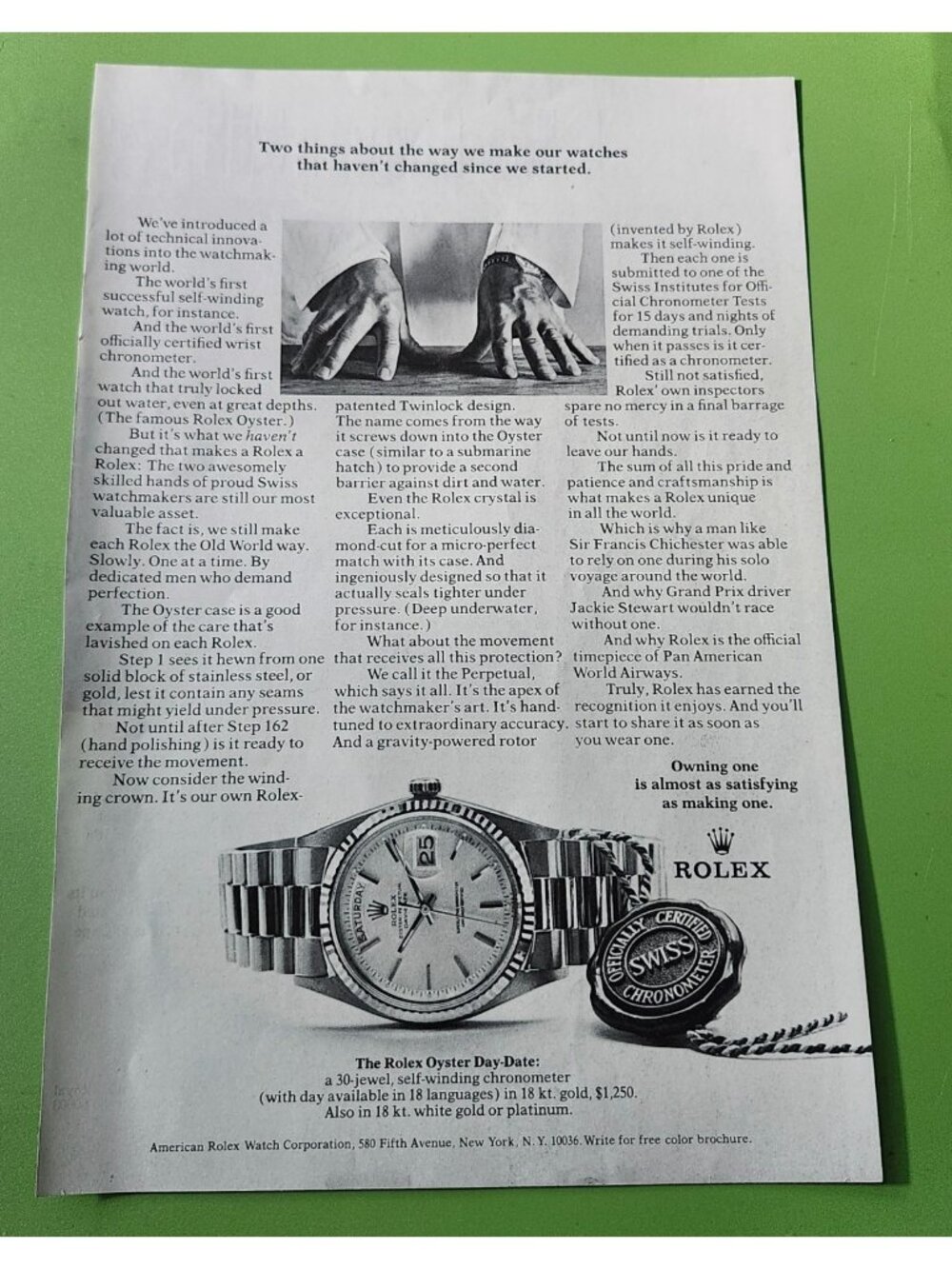 Rolex Oyster Day-Date Watch Vintage Print Ad Advertisement Art Original
